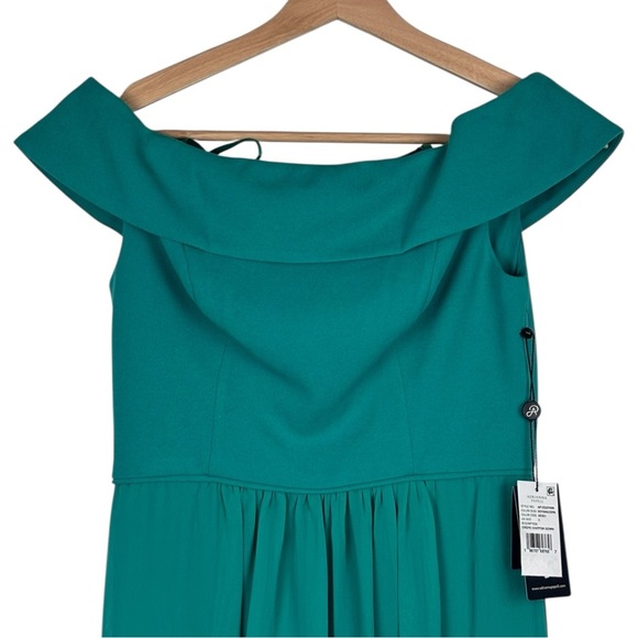 ADRIANNA PAPELL BOTANIC GREEN OFF THE SHOULDER CREPE CHIFFON EVENING GOWN DRESS - Picture 5 of 12